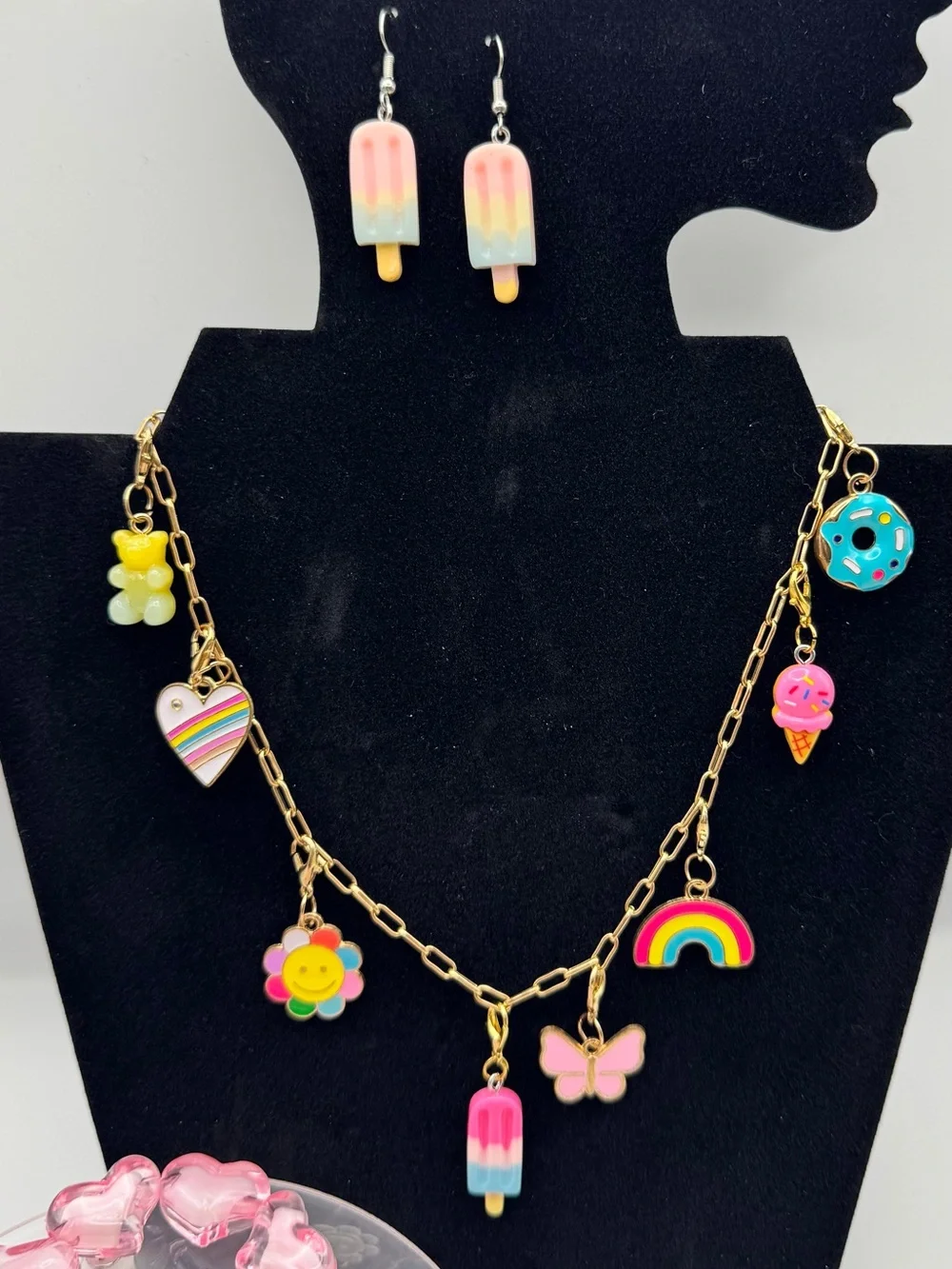 Summertime Fun! Kids Gold Charm Necklace with Pink Rainbow & Popsicle Charms